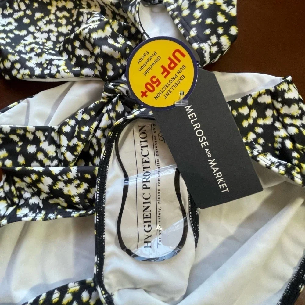Melrose and Market Tie Front One-Piece Swimsuit Black White Animal Spot Size M
